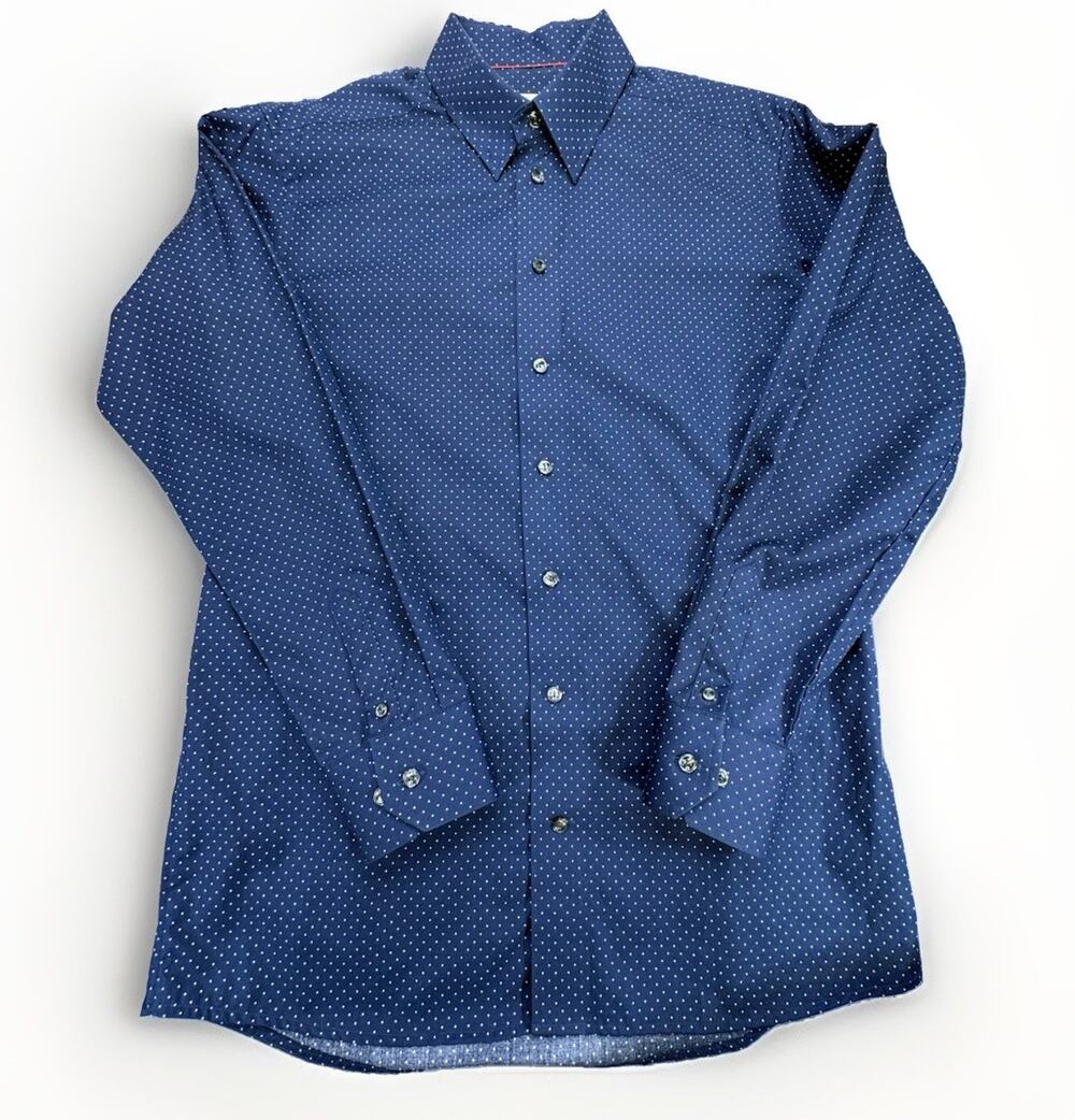 ETON Contemporary Fit Dress Shirt 16.5 42 Navy Blue White Polka Dot Twill Luxury - Picture 1 of 9